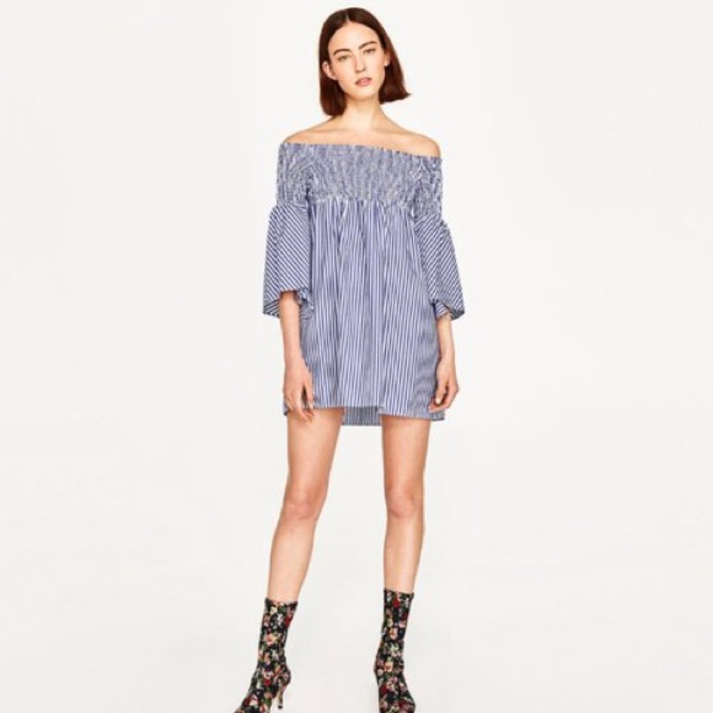 ZARA Off the shoulder Blue and White Striped Dress
